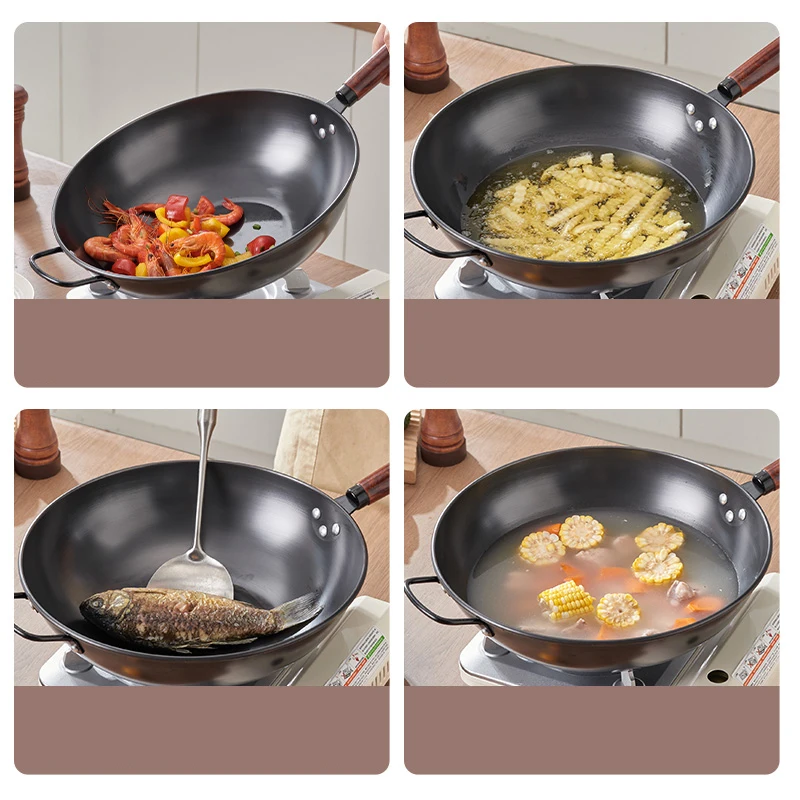 GIANXI High-Grade Handmade Iron Pan Without Coating Household Cooking Pots Health Wok Frying Pan Non-stick Frying Pan