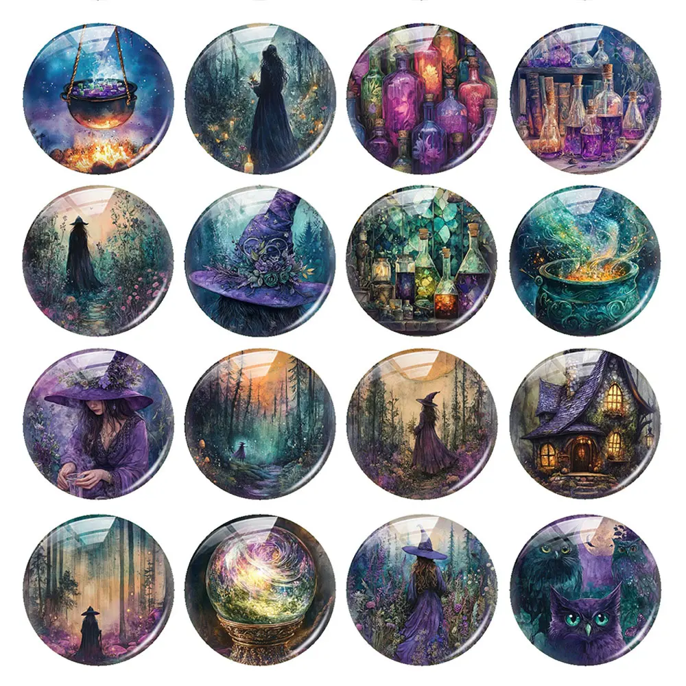 Handmade Halloween Witch Hat Cat Cauldron Wild Round Photo Glass Cabochon Flatback Demo Flat Back Cameo For Diy Jewelry Making