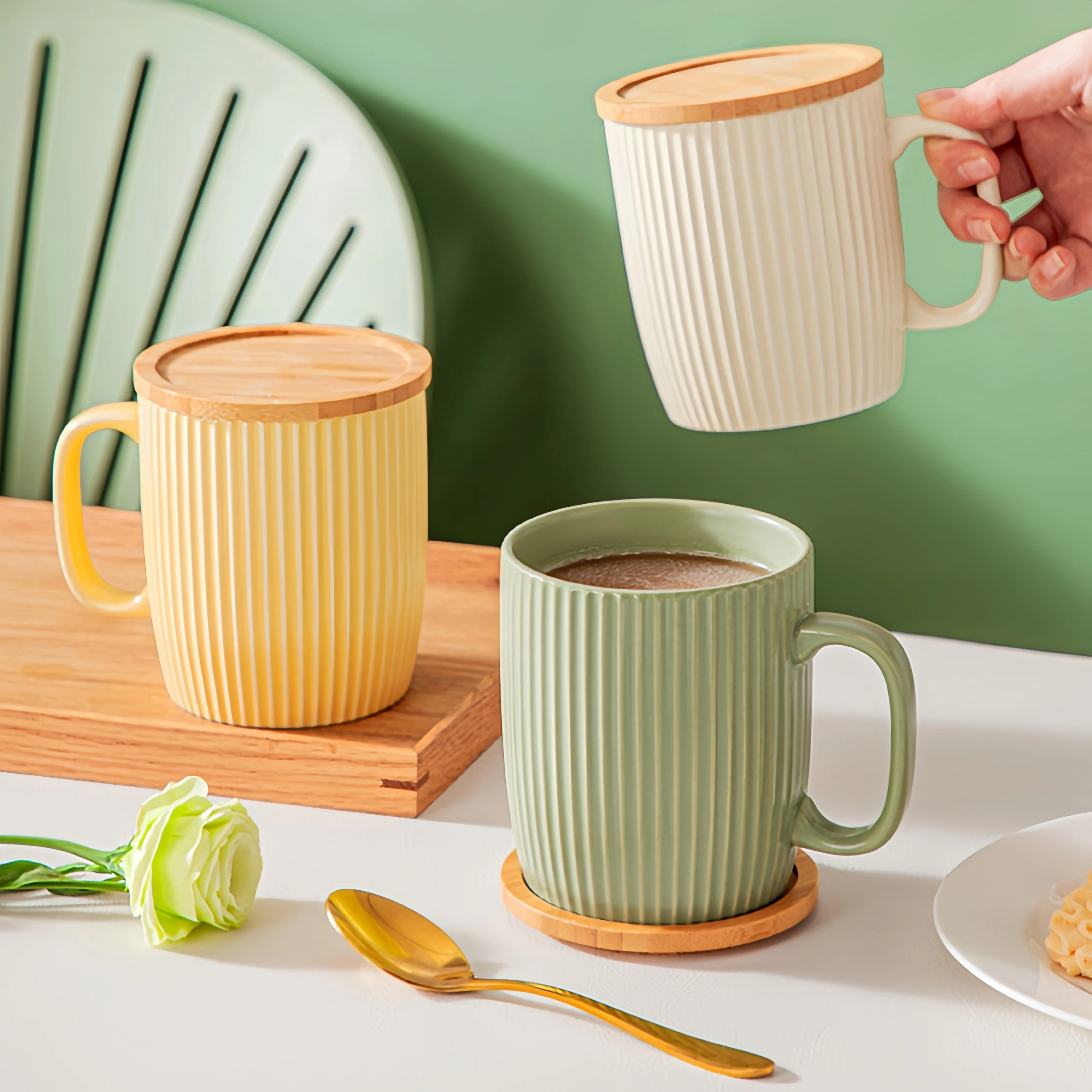 Ceramic Mugs Coffee Cups with Bamboo Lid Milk Tea Cup with Handle Ins Korean Style Oatmeal Breakfast Mug Drinkware Cup Water Cup