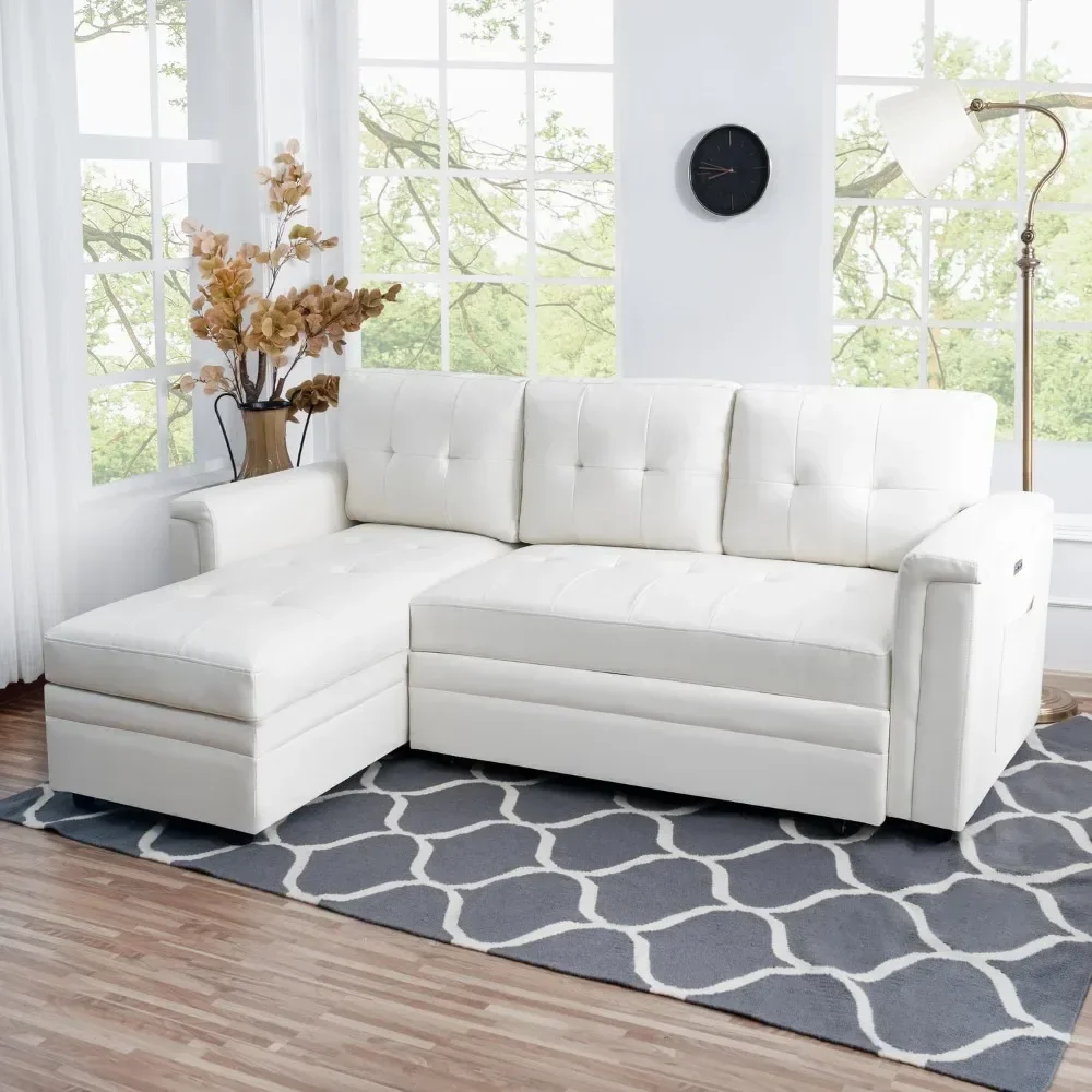 L-Shaped Modular Sofa Bed with USB Port - Converts To A Pull-Out Bed, Plenty of Storage, Classic Design, White/Air Leather