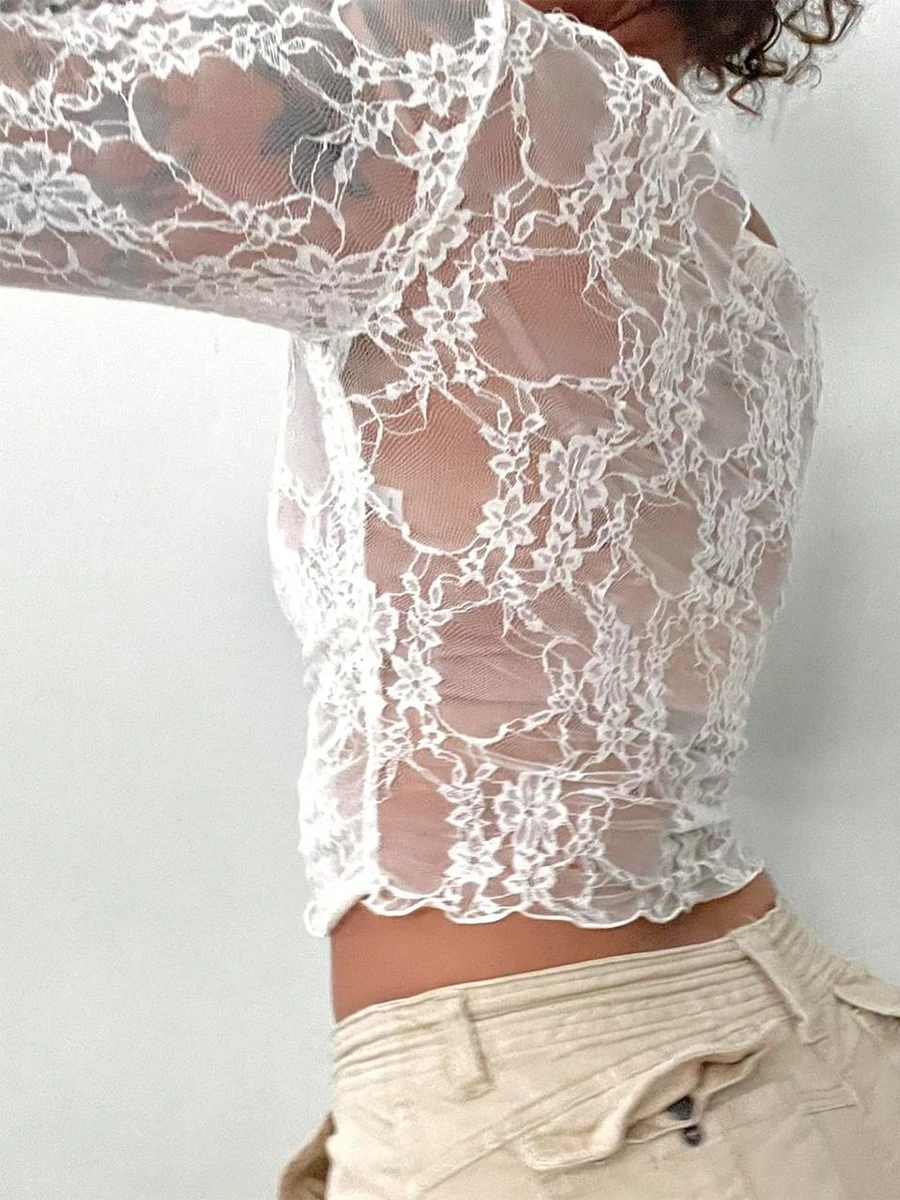 Women Crop Off-Shoulder Tops See-Through Lace Long Sleeve Shirt Casual Pullovers for Club Streetwear