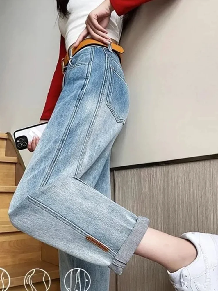 Jeans Harem alla caviglia a vita alta blu chiaro corea pantaloni larghi Casual larghi dritti Vaqueros Streetwear donna pantaloni in Denim Vintage