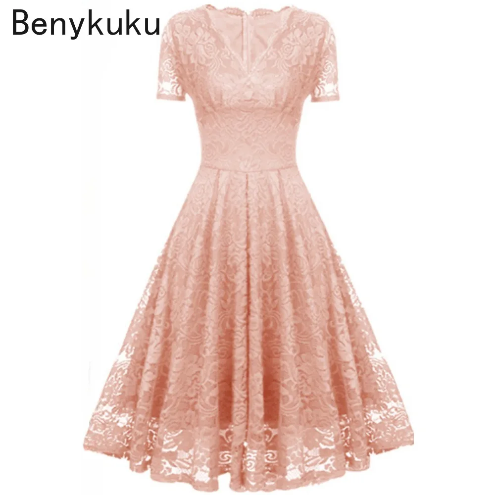 

Deep V-neck Short Sleeve Party Dress Summer Women Gown Elegant Ladies Pink Wine Red Vintage Lace Big Swing Dress Womens Clothing