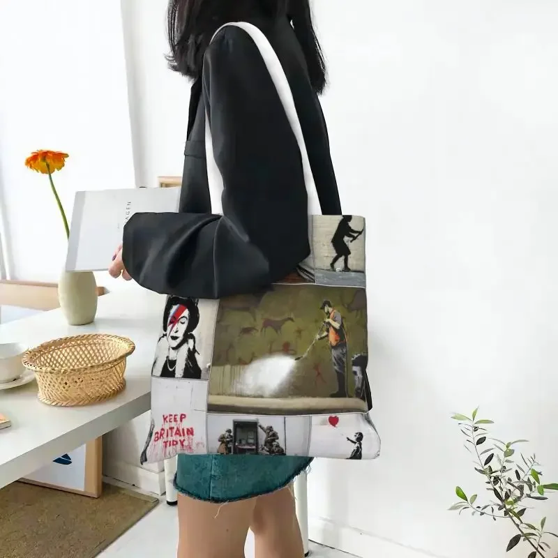 Bolso de compras Banksy Graffiti reutilizable para mujer, bolsa de lona de hombro, bolso de mano portátil, bolsas de compras de comestibles de arte Pop callejero