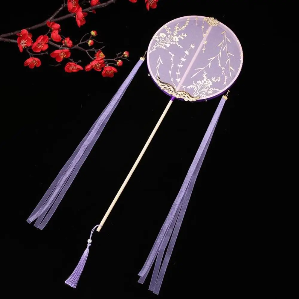 Éventail rond de style chinois avec long manche et pendentif, broderie, pompons, en soie translucide, accessoire de photographie