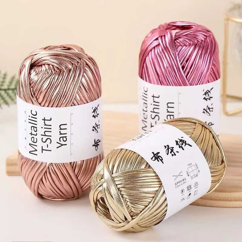 Metallic Shiny T‑shirt Yarn Cloth Strip Yarn Ball DIY Crochet Knitting Yarn for Bag Basket Rug Home Decor Handmade Craft