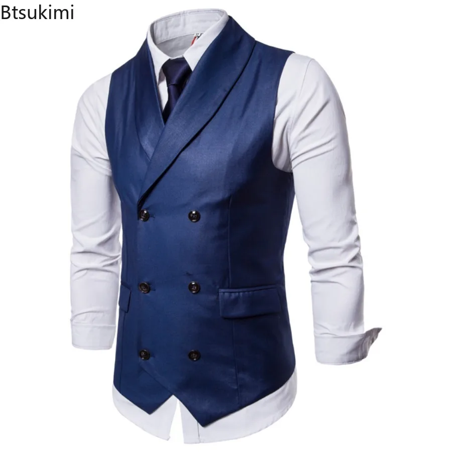 Men's Suit Vest Solid Dress Vest Male Double Breasted Waistcoat Slim Fit Formal Business Sleeveless Men's Vests Plus Size 4XL