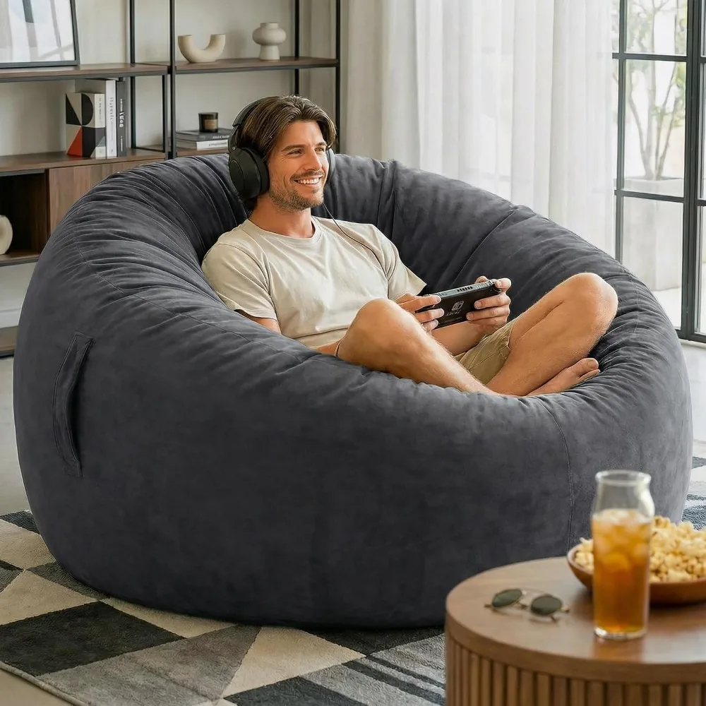 Large Adult Bean Bag Chairs with Shredded Foam Filler, Grey, Machine Washable Cover, Reinforced Seams, Ideal for Gaming