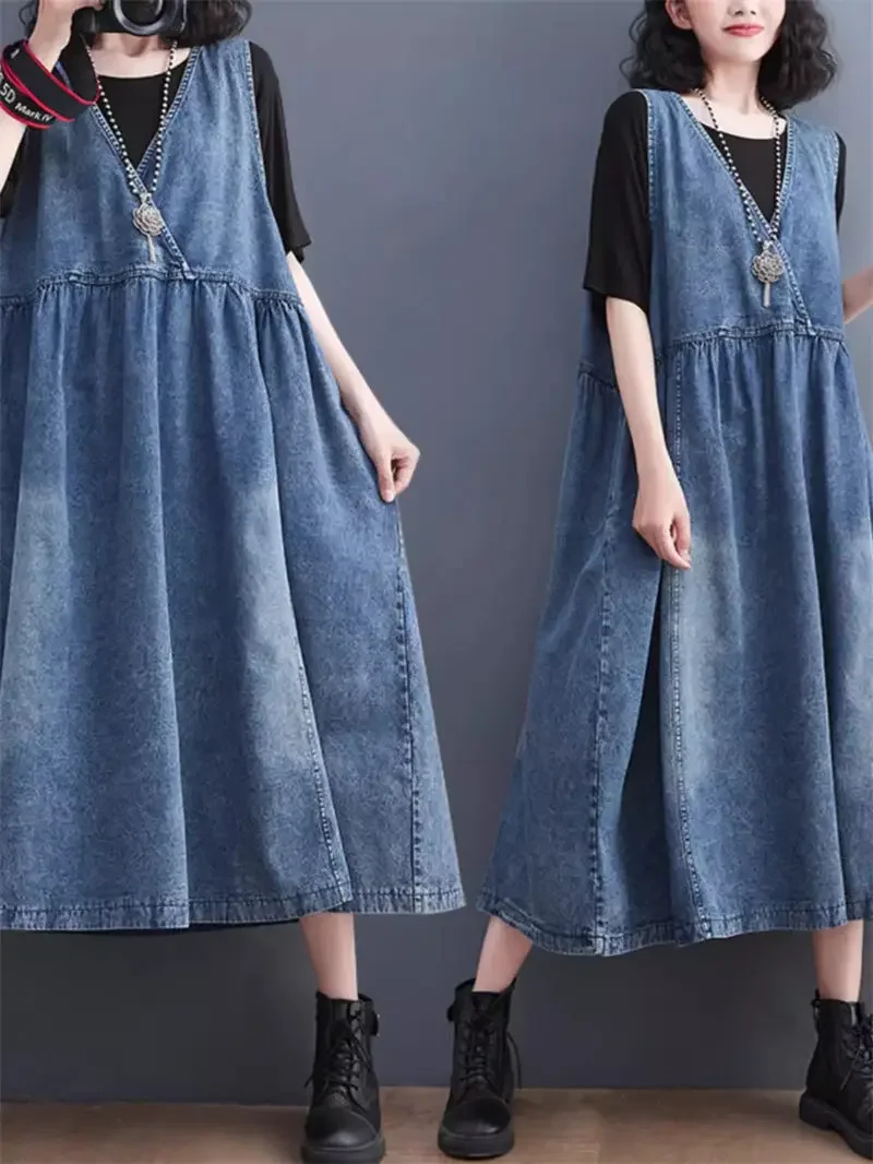 

Large Size Women's Clothing Sleeveless Vest Dress Women's Summer Loose V-Neck Vintage Denim Dress Trendy Jeans Vestidos JJ298