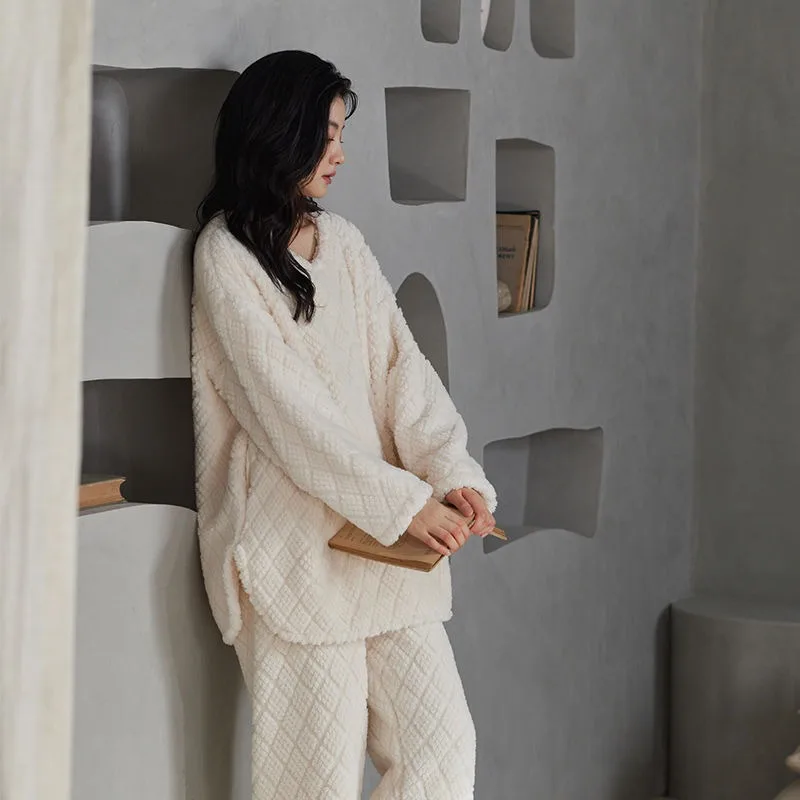 Coral Fleece Pajamas Women's Winter New Style with Fleece Thickened Simple Pullover Can Be Worn As Home Wear Set Leisure Wear