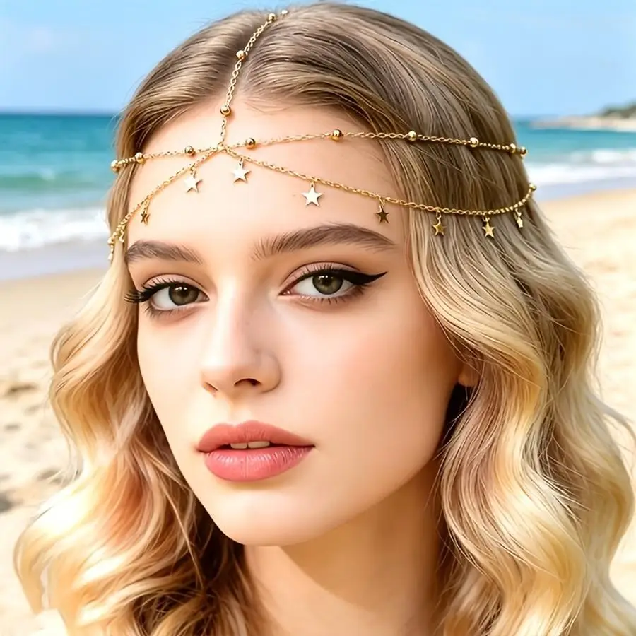 1/5/10/20/50/100pcs Bohemian Style Star Forehead Chain Tassel Hair Chain Bridal Wedding Dress Headpiece Easy Prom Atmosphere Jew