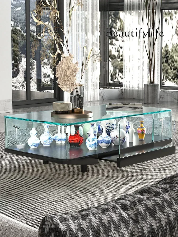 yj5 Modern high-end glass coffee table small apartment living room furniture with lamp ultra-white glass display cabinet
