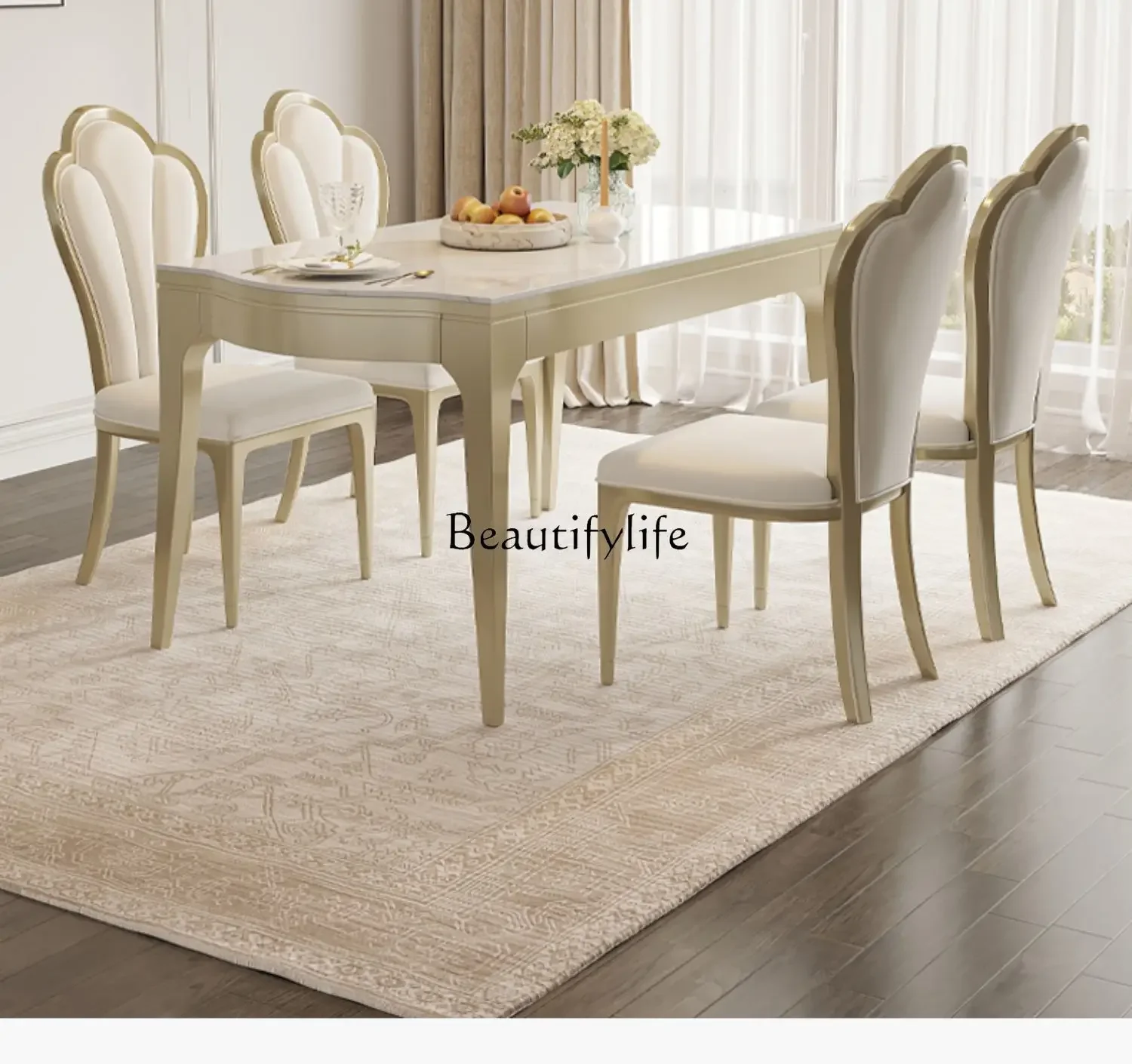 03.American light luxury rock slab rectangular dining table household French solid wood