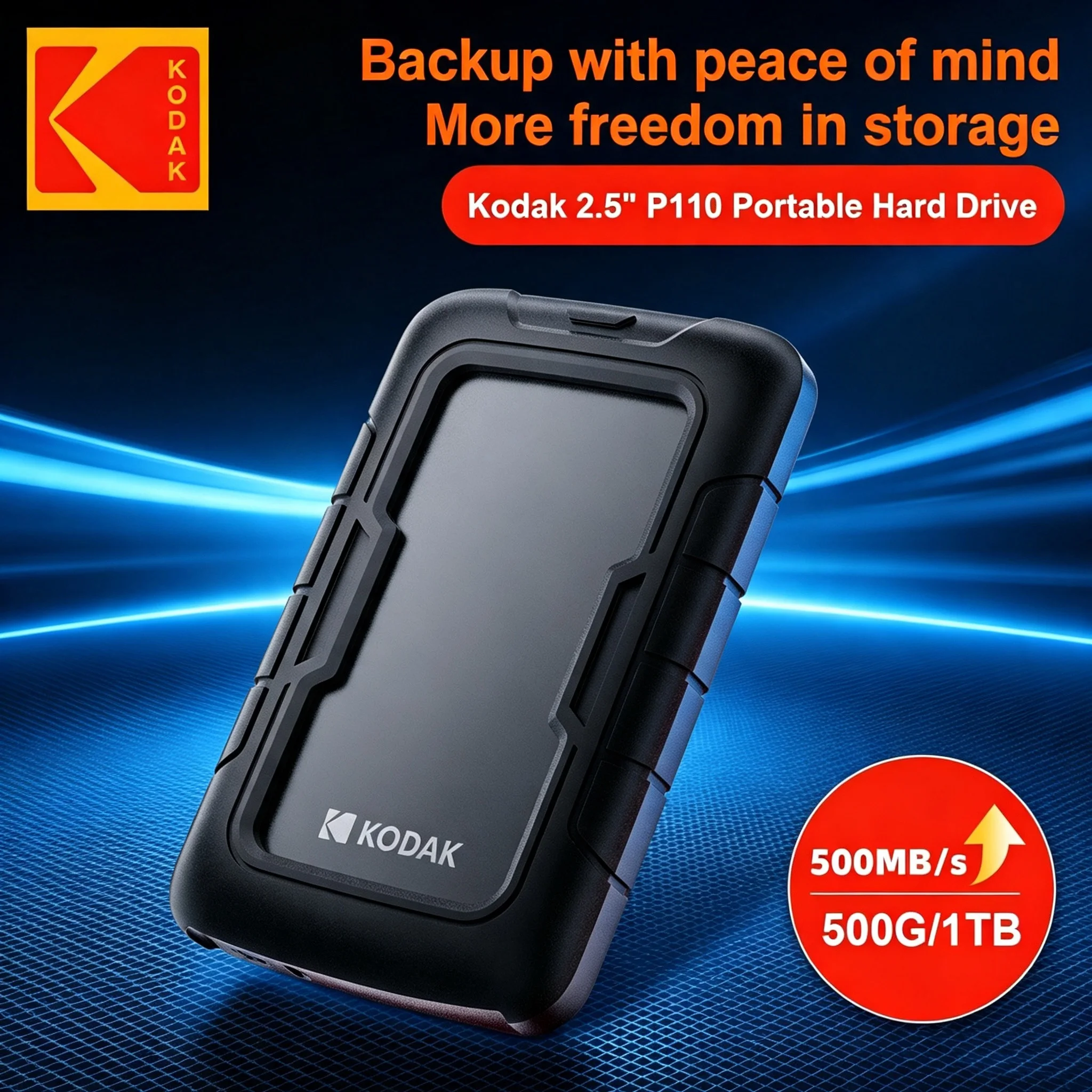 Kodak P110 USB3.0 Portable External Hard Drive 500GB 1T Lightweight PHDD With Silicone Protective Case for PC Tablets PS5