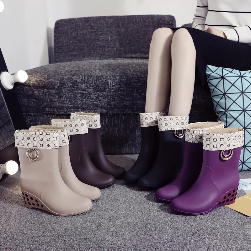 Korean Style Wedges Mid Tube Rain Shoes Women Autumn Winter Fashion Warm Anti Slip Rainboots Woman Waterproof Boots
