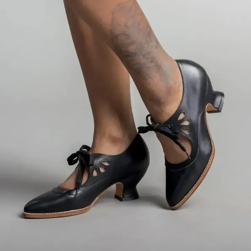 Women's Mary Jane shoes 2026 new hollow-tied high heels pointy chunky heels Plus size women's shoes retro black heels