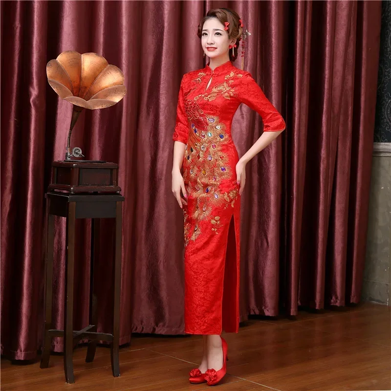 chinese new year women clothes Short long dress red cheongsam qipao wedding dress pluss size woman evening Sequin Dragon Phoenix