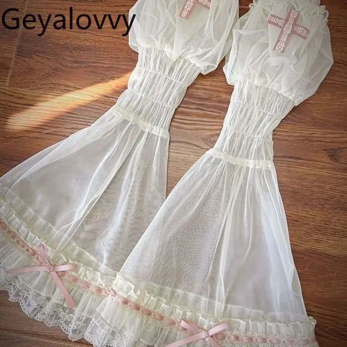 

Spring New Lolita Gothic Style Versatile Sweet Girl Bow Oversleeves Mesh Transparent Long Sleeves Arm Cover for Women