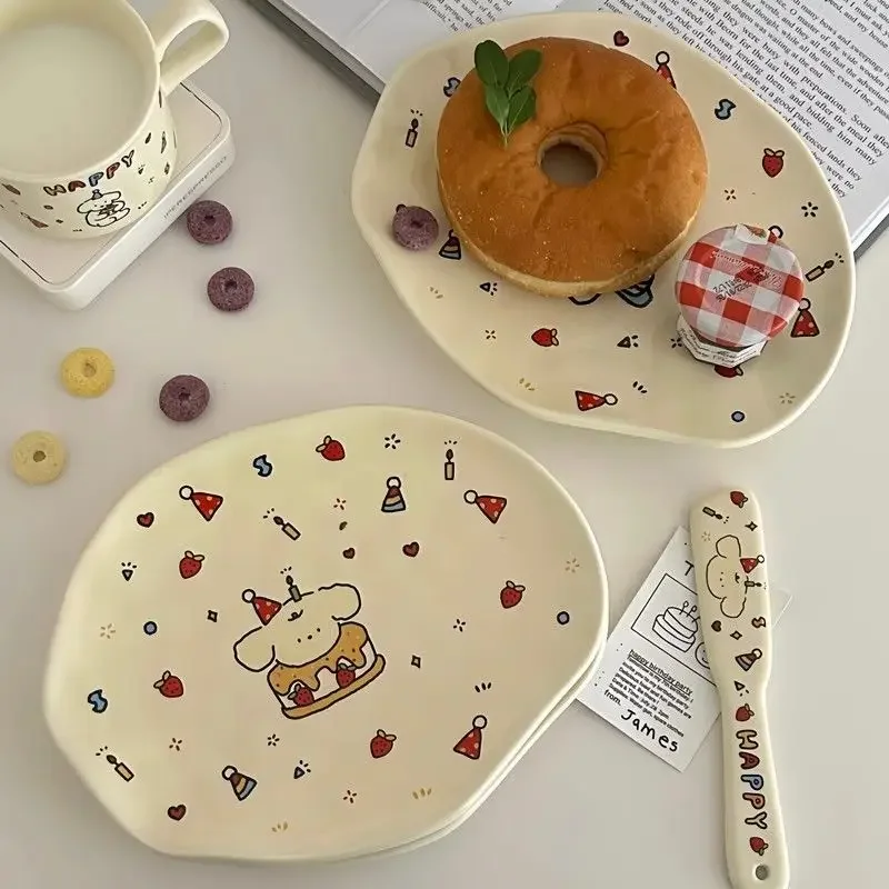 

Cake plate Gaomei bowl and plate set dog illustration cream jam knife breakfast ceramic dessert irregular plate home