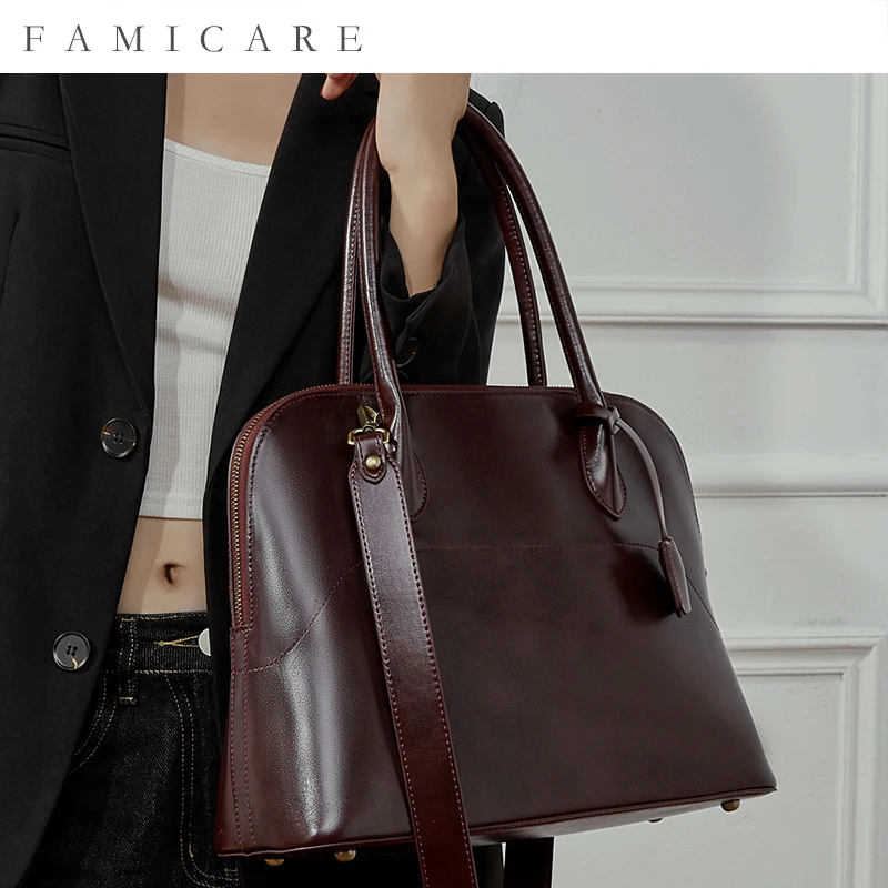 

New Top Grain Leather Shell Shaped Tote Handmade Bowling Bag Spacious Satchels Bag Women Light Luxury Commuting Premium Handbag