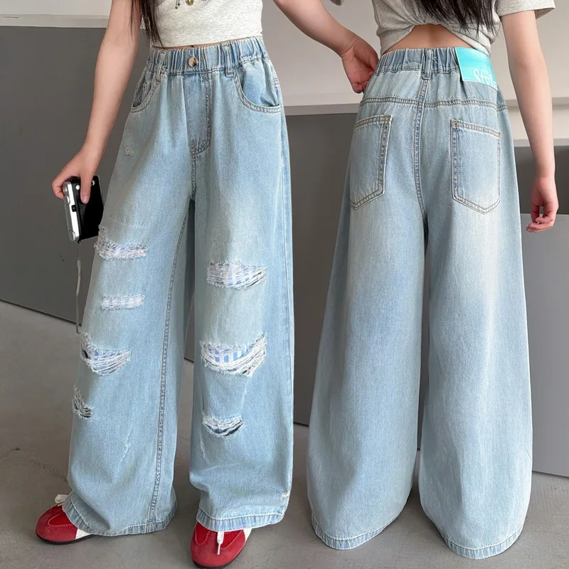 Girls Summer Ripped Straight Fit Jeans Children Spring Trendy Style Casual Wide-leg Denim Pants Kids Fashionable Loose Trousers