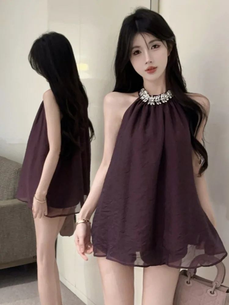 

Elegant Neck Hanging Crystal Chiffon Tank Top Sexy Loose Overhead Slim Straight Sleeveless Shirt Commute Style Mid-Length