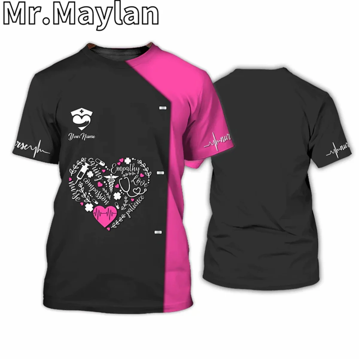 Personalized 3D Nurse Uniform Pink Tshirt Women Men Nursing Tools T shirt Nurse Heart Shirts Idea Gift for Nurse Unisex Tee Tops