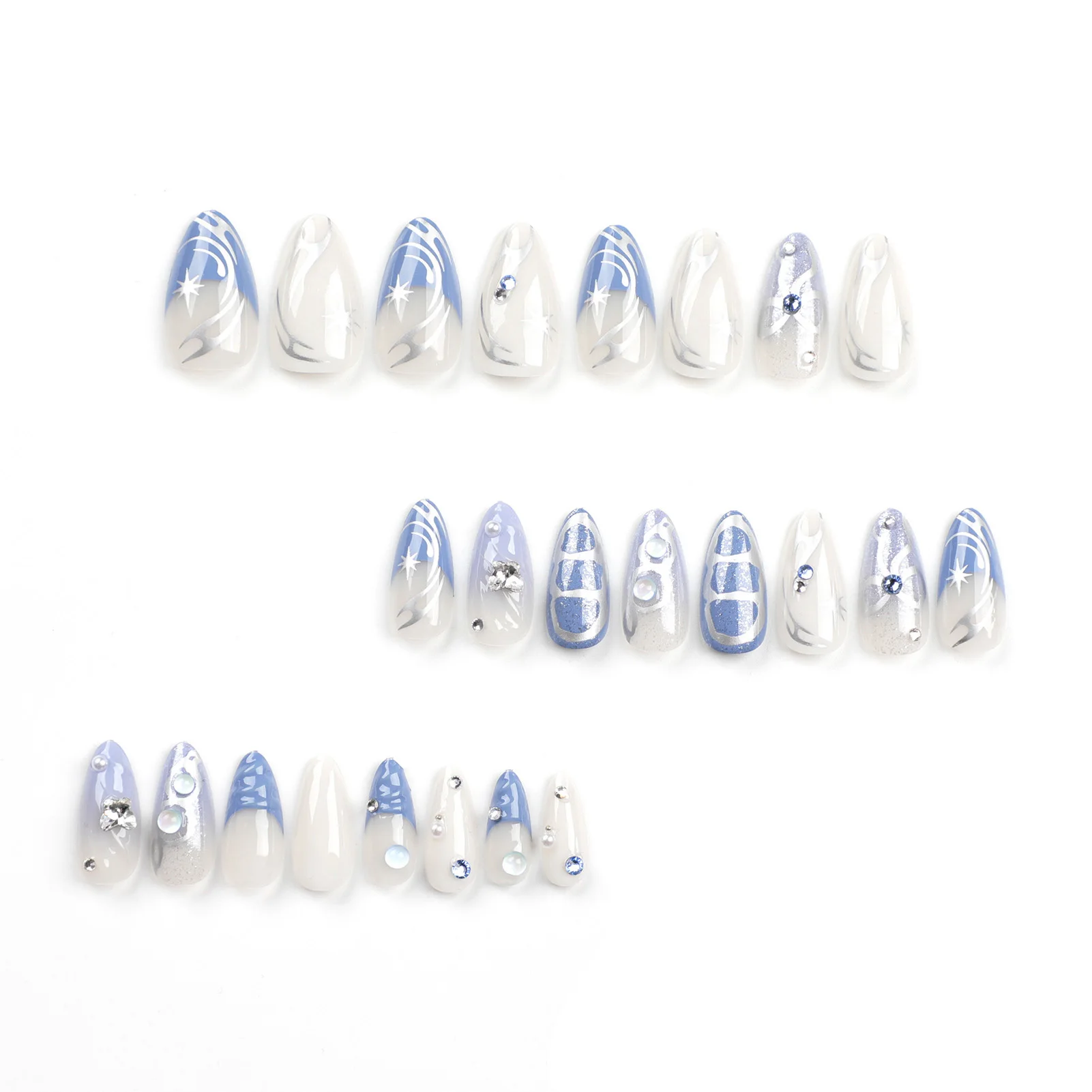 24pcs Woman Almond Fake Nail Sparkling Rhinestones Blue and Nude Nail Tips for Daily Lives Everyday Use