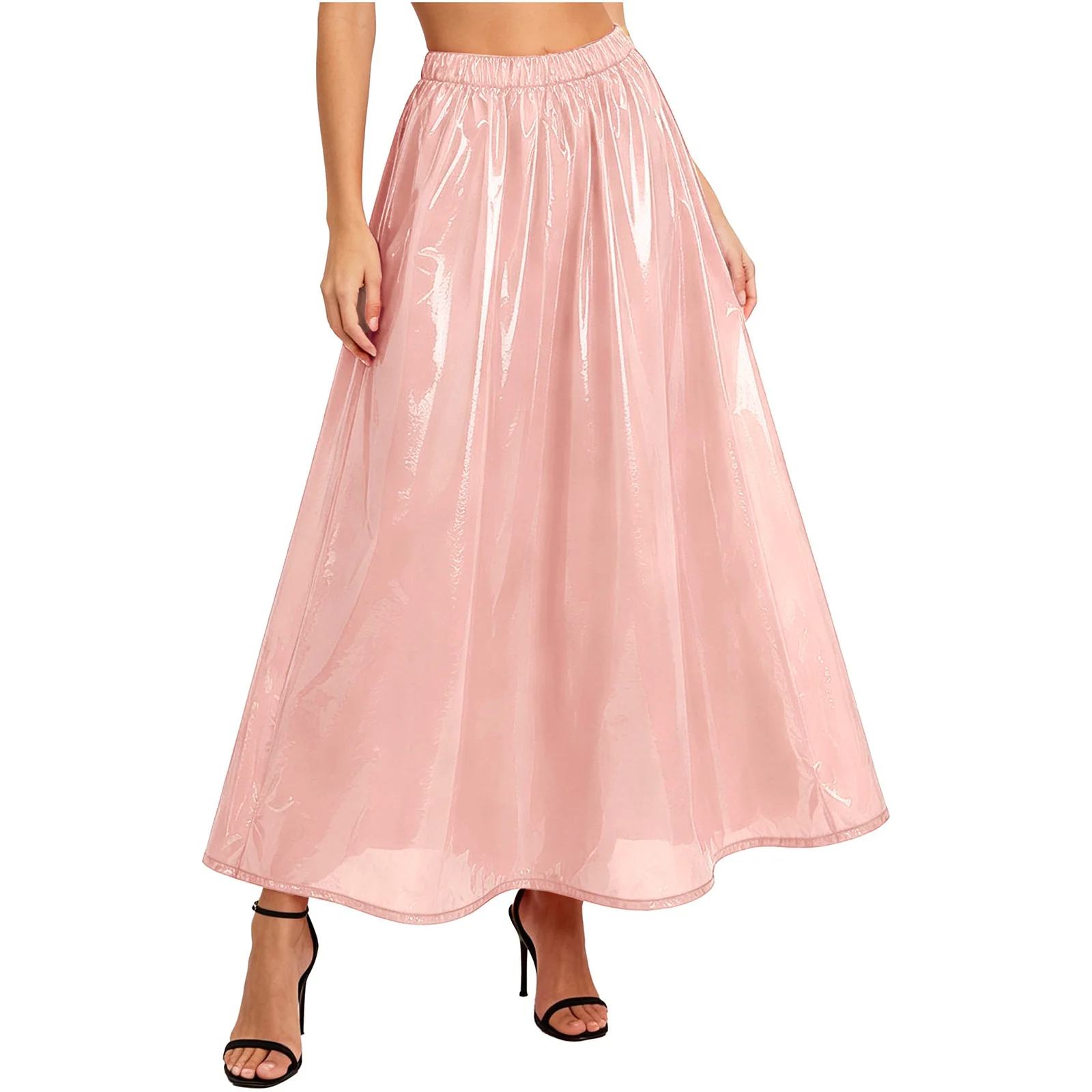 Womens Adult Elastic Waist Glossy Waterproof Long Skirt Metallic Shiny Glossy Cover-up Maxi Swing Skirt Rave Party Clubwear