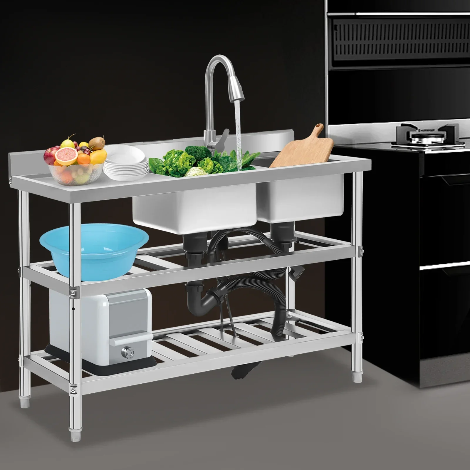 

Commercial Kitchen Sink, Free Standing Double Bowl Kitchen Sinks with Faucet & Drainage Pipes, 201 Stainless Steel Utility Sink