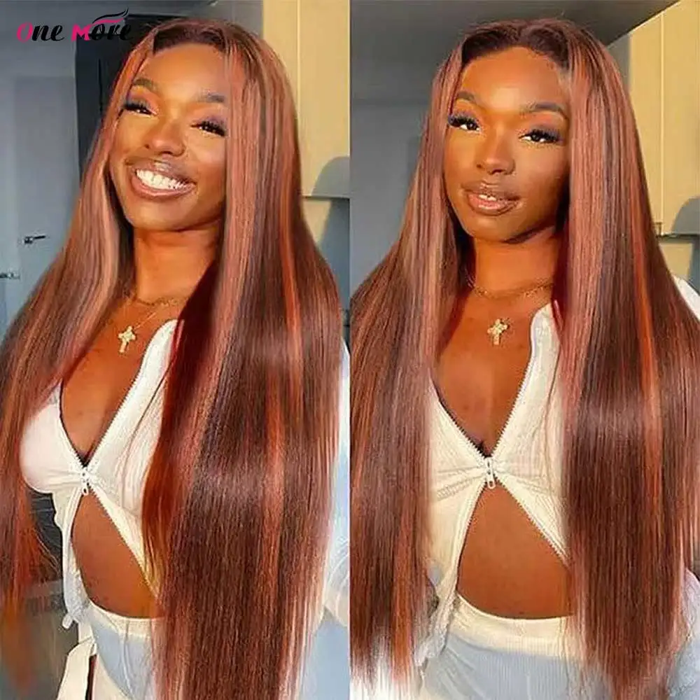 

Lace Front Red Copper Peekaboo Balayage Highlight Brown Wig Long Silky Straight Hair Glueless 4x4 Pre Cut Pre Bleached Lace Wig