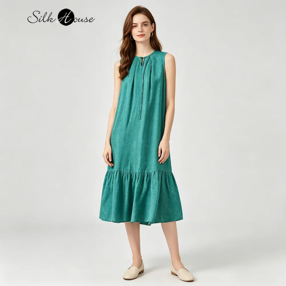 2026 Women's Casual Summer New 100% Natural Mulberry Silk Jacquard HuaLuo Round Neck Lotus Leaf Edge Tank Top Dress