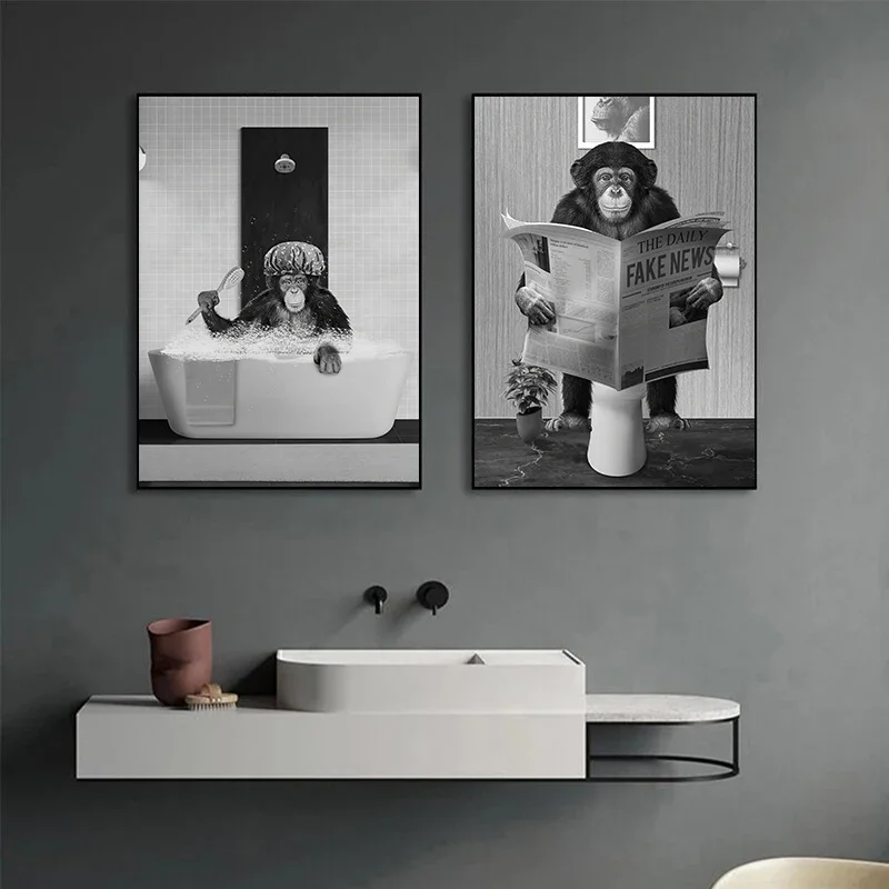 Bathroom Funny Monkey Poster Black and White Bathtub Animal Reading Newspaper Canvas Painting Wall Art Picture for Home Decor