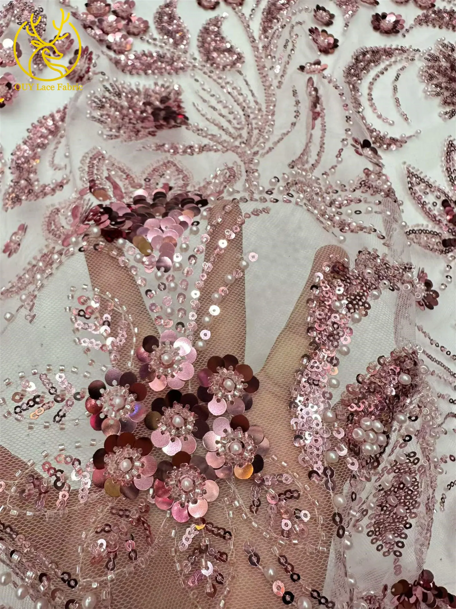 Eleganter 5-Yard-Paillettenstoff mit Kleinen Blumen, Afrikanischer Perlen-Pailletten-Spitzenstoff, Nigerianischer Luxuriöser Pailletten-Netzstoff für Kleider und Näharbeiten – Detail 6