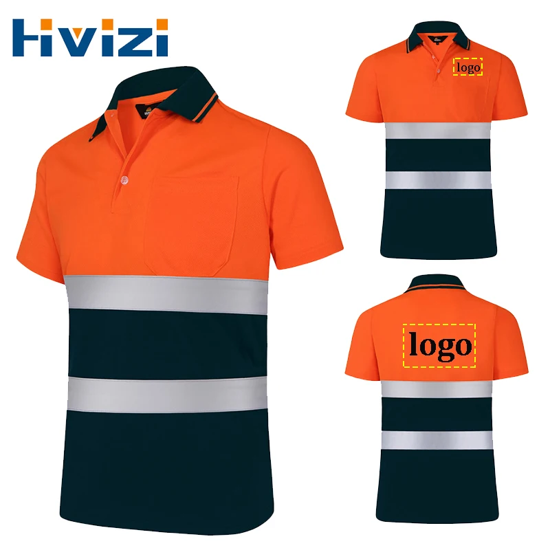 Custom Logo Safety Polo Shirt Orange Navy High Visibility Reflective Polo Shirt Short Sleeve Safety Work Shirts for Men