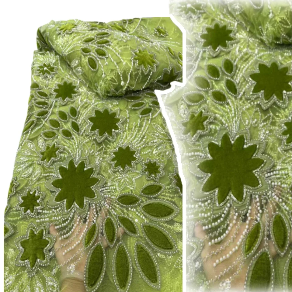

Африканская французская кружевная ткань с бисером, высококачественное кружево с вышивкой, нигерийское тюлевое кружево с 3d блестками, 5 ярдов для шитья праздничного платья C1119