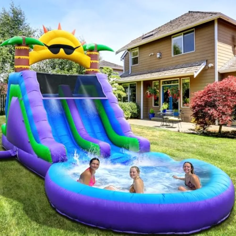 

26Ft Large Double Water Slide with Pool Commercial Grade Inflatable Heavy Duty PVC 1100W Blower Blue for Teenagers Adults Renta