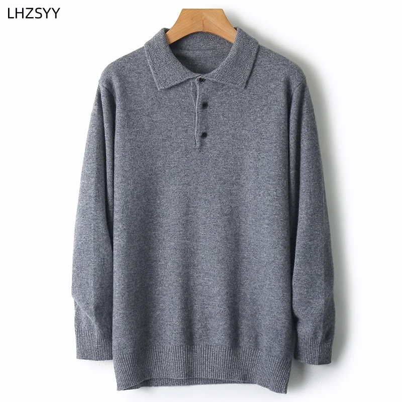 LHZSYY 100%Merino Wool Hot Cardigans Men Lapel Pullover Long Sleeve POLO Neck Sweaters Loose Tops Knit Clothing Large Size Shirt