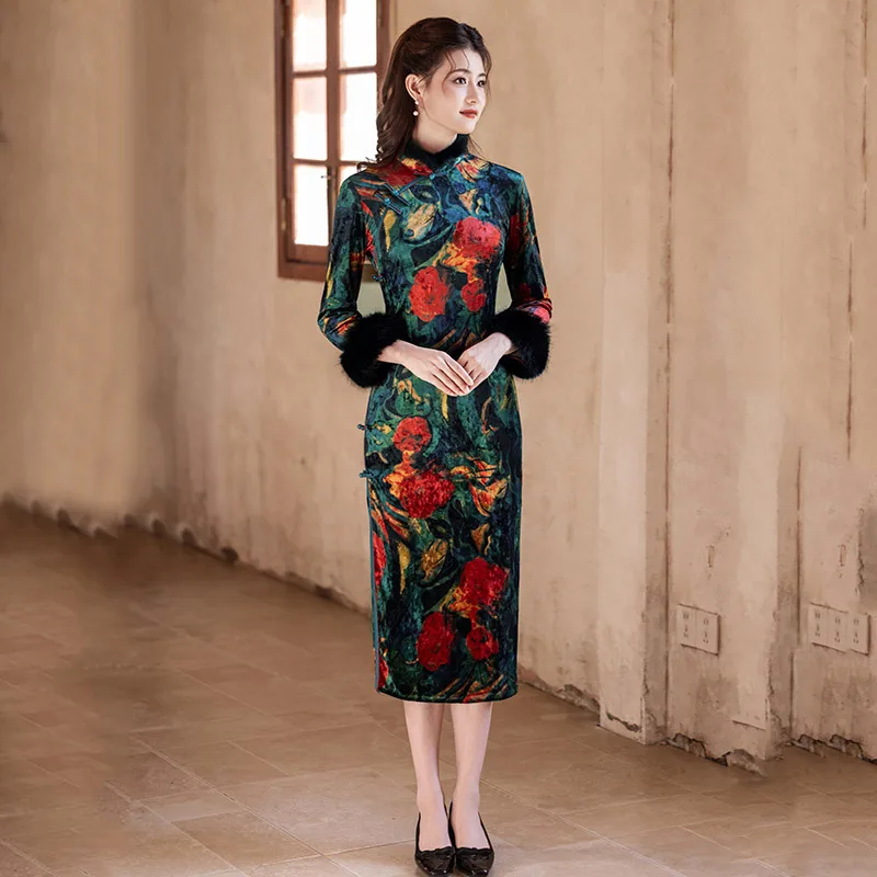 

Осенне-зимнее утепленное теплое платье Ципао в китайском стиле 2025 года, новое длинное повседневное платье старого Шанхая Qipao