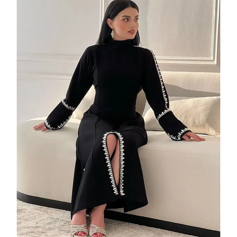 Saudi Arabia Elegant 2024 Women Wear Evening Dresses High Neck Long Sleeve Crystal Front Slit Black Prom Formal Gowns