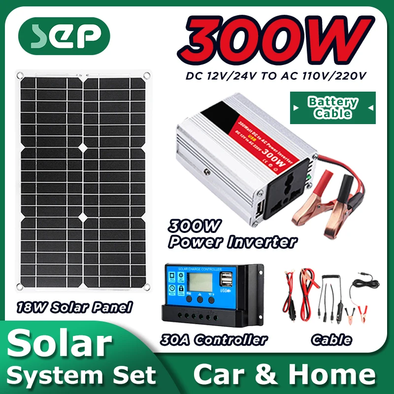 Set Of Solar Panels 18W Monocrystalline Solar Panel 12V 220V/110V 300W 500W Solar Inverter 30A Controller