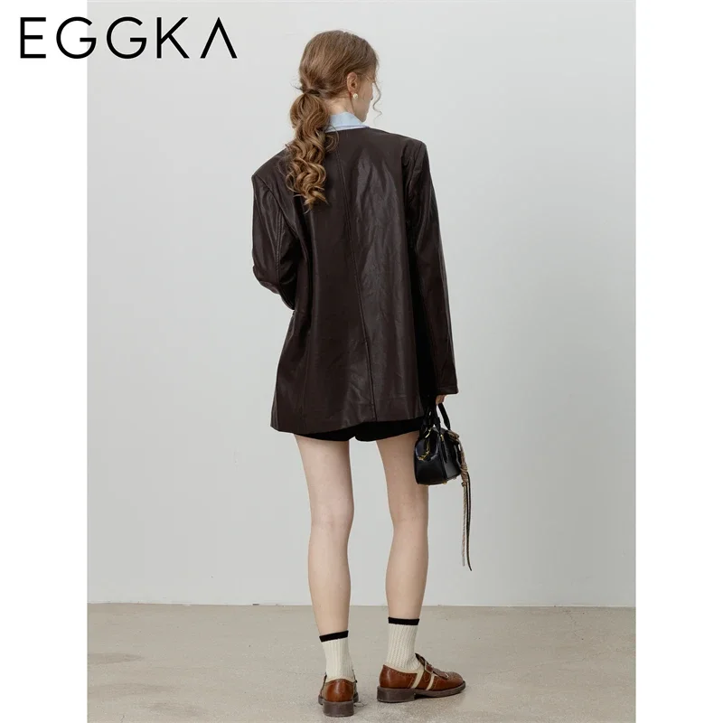 EGGKA Single Button V-neck Leather Jacket Loose PU Leather Jacket with Ribbon Women\'s Autumn Winter Retro Fashion Jacket Brown