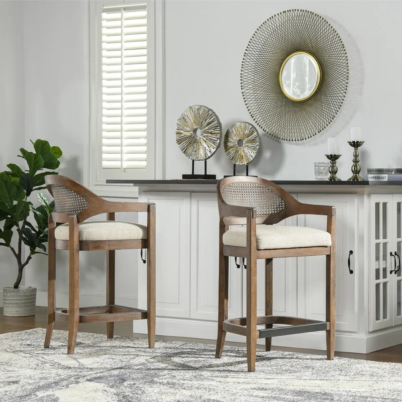 

Mid-Century Modern Cane Back Counter Stool, Taupe Beige Textured Weave