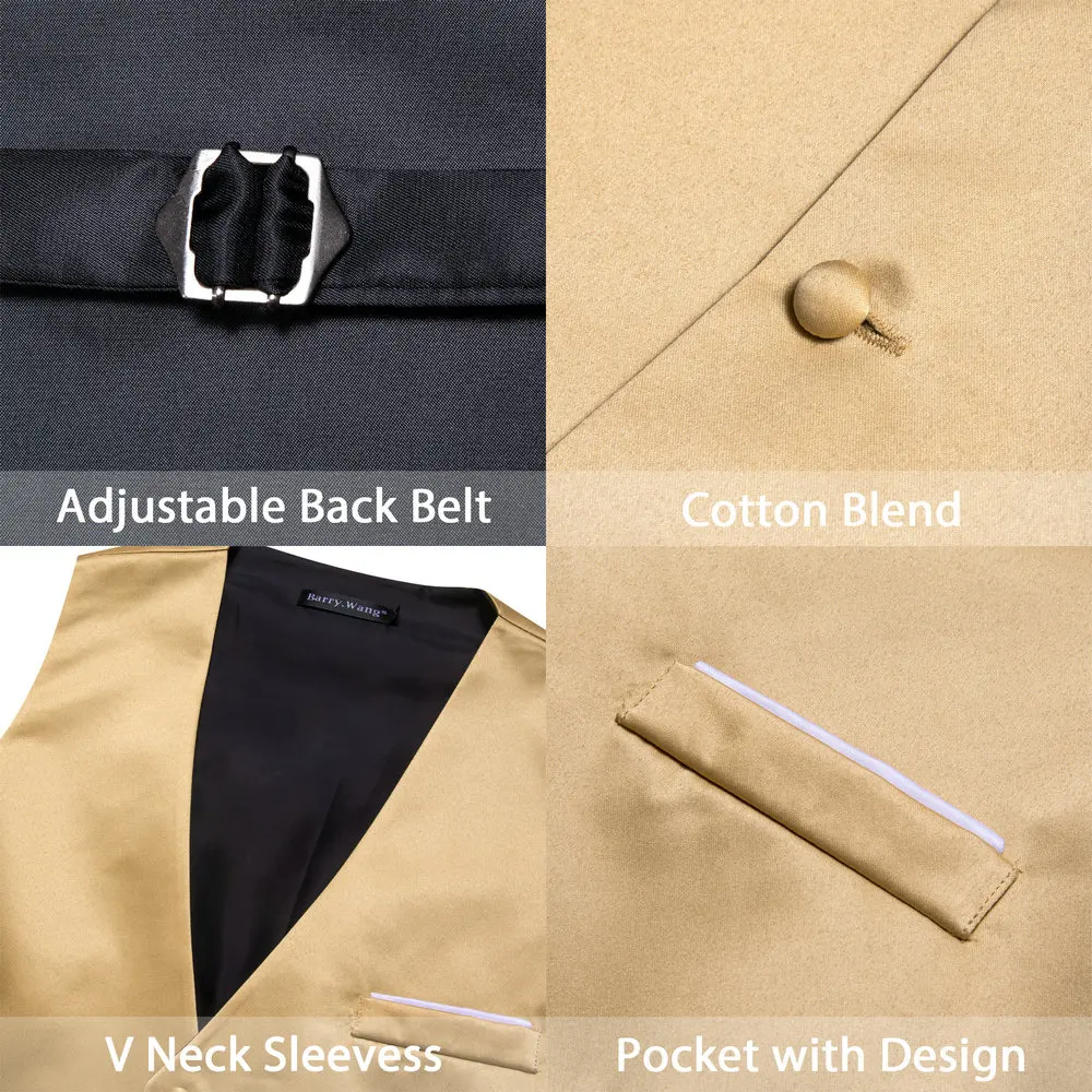 Luxury Silk Men\'s Vest Gold Waistcoat Tie Bowtie Pocket Square Set Sleeveless Jacket Formal Wedding Suit Barry Wang