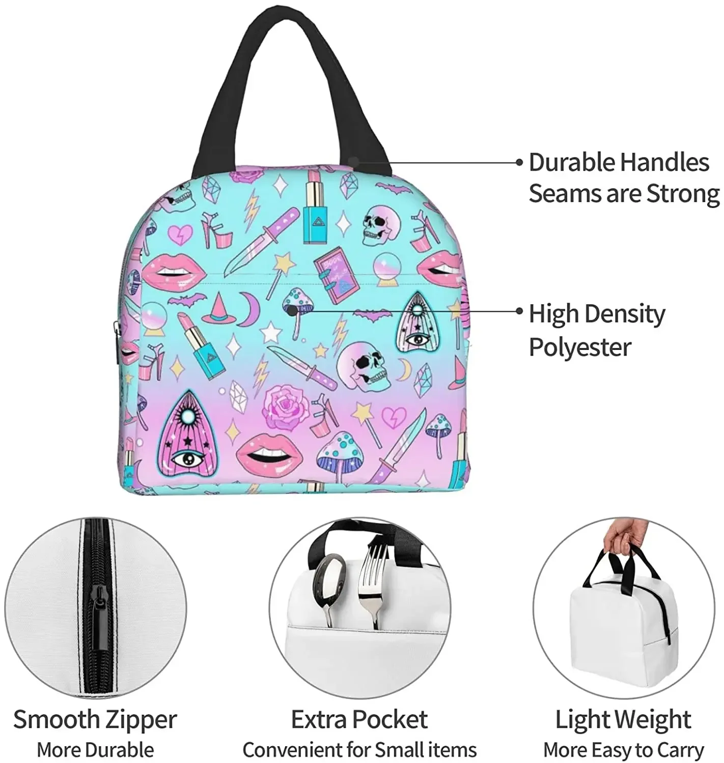 Lunch Bag Pastel Witch Goth Witchy for Women Insulated Portable Lunch Box with Front Pocket for Work Reusable Cooler Tote Bag