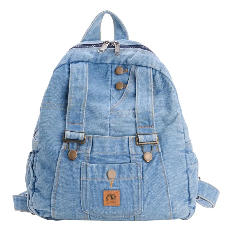 Vintage Denim Backpack Overalls Design Large Capacity Multi Pocket School Bag Casual Travel Daypack