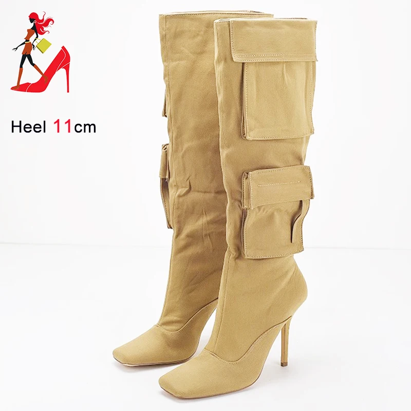 Women\'s Boots Beige Pocket Embellished Denim Fabric with Large Waistband Knee Length Boots Discounted low-priced Women\'s Shoes