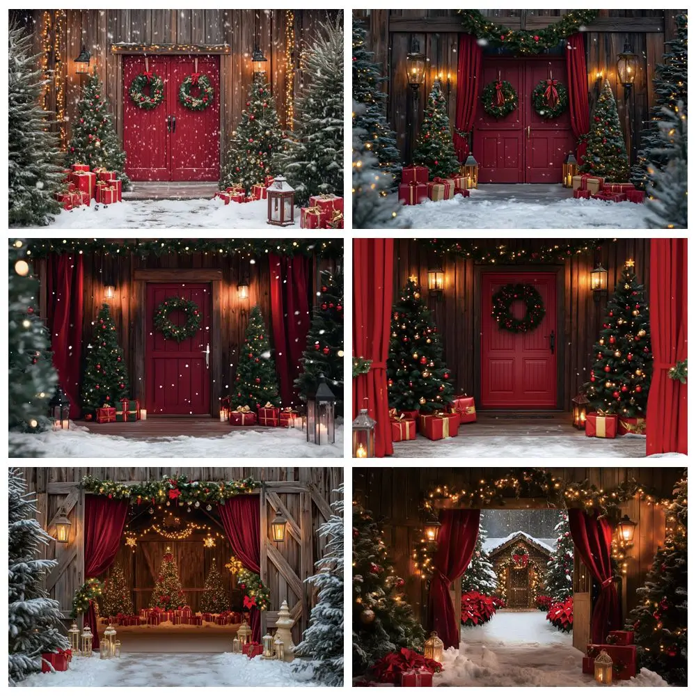 Christmas Red Barn Door Backdrop Farm Warehouse Snow Xmas Tree Light Gifts Kids Portrait Family Party Photography Background