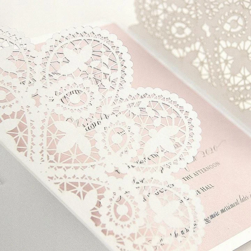 25pcs Customize Print White Lace Wedding Card Laser Floral Invitations for XV Quinceneara Engagement Birthday Baptism, IC134