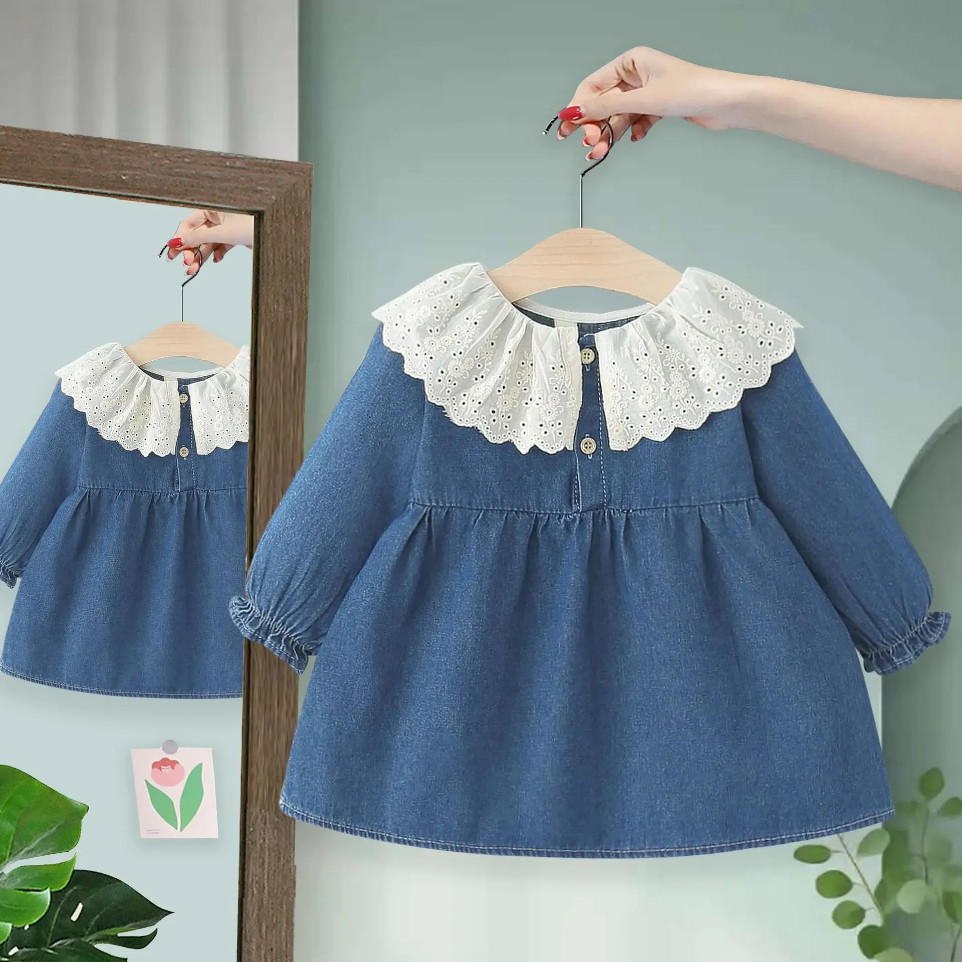 

2025 Fashion Girls Baby Spring Fall Denim Dress Sweet Embroidery Collar Birthday Princess Dresses Kids Children Vestidos Clothes